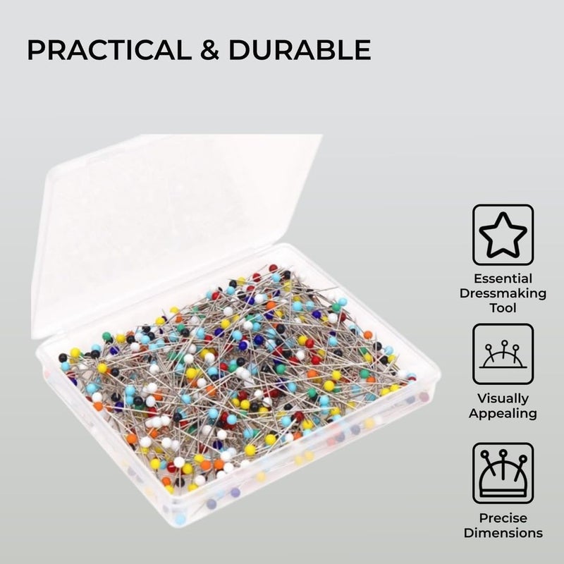 H&S Glass Head Sewing Pins for Dressmaking & Fabric Projects - 500Pcs Long Dress Pins for Crafts and Sewing Accessories - Straight Pins with Colored Heads for Decoration - Dressmaking Pins for Fabric - Image 3